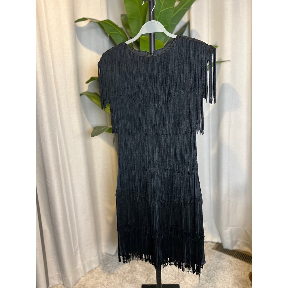 Vintage Style Black Tiered Fringe Flapper Mini Dress Sleeveless Cocktail Party